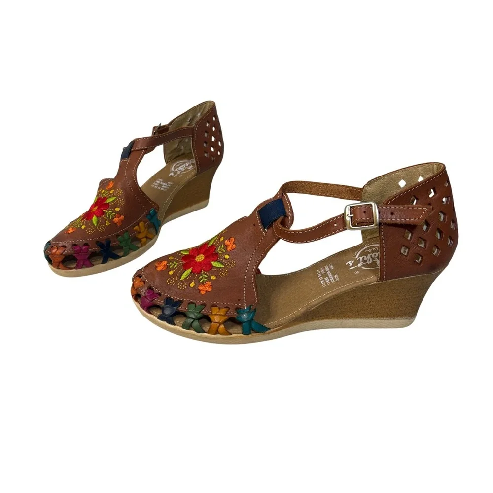 Cacahi's Mexican Huarache Wedge Sandal Sz 9 Tan Floral Strappy Shoe Boho Culture